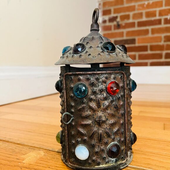 Early Bradley & Hubbard Pierced Brass Lantern Colored Glass - Picture 13 of 16